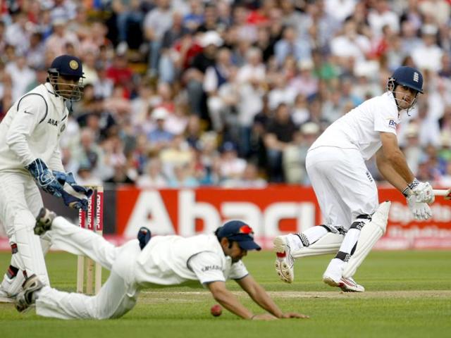 Alastair Cook plays a shot off the bowling of Amit Mishra, not pictured, on the third day of the third Test match at the Edgbaston Cricket Ground, Birmingham.