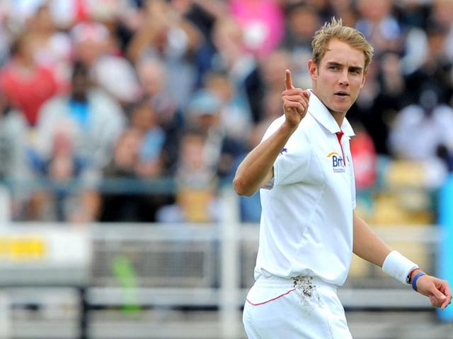 England's Stuart Broad celebrates taking the wicket of India's Praveen Kumar (not pictured) during the fourth day of the third Test match between England and India at the Edgbaston cricket ground in Birmingham.