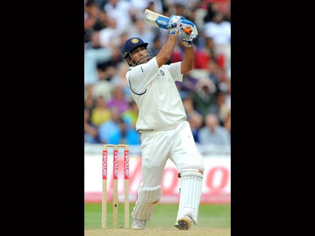 Mahendra Singh Dhoni bats during the fourth day of the third Test match between England and India at the Edgbaston cricket ground in Birmingham.
