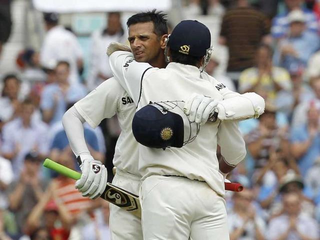 Rahul-Dravid-celebrates-reaching-100-runs-with-Amit-Mishra-during-day-4-of-the-fourth-Test-match-between-England-and-India-at-The-Oval-Cricket-Ground-in-London Rahul-Dravid-celebrates-reaching-100-runs-with-Amit-Mishra-during-day-4-of-the-fourth-Test-match-between-England-and-India-at-The-Oval-Cricket-Ground-in-London