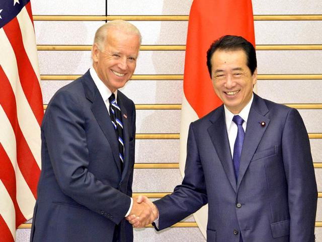 US vice president Joe Biden meets Japan's Prime Minister Naoto Kan during their talks at the latter's official residence in Tokyo.