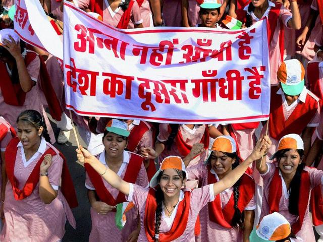 School children take part in a rally in support of social activist Anna Hazare’s movement against corruption in Jodhpur.