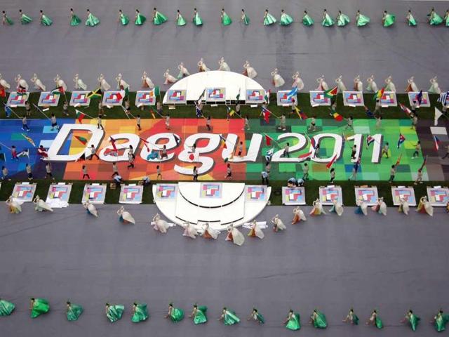 Performers participate in a dress rehearsal of the opening ceremony for the IAAF 2011 World Championhips in Daegu.