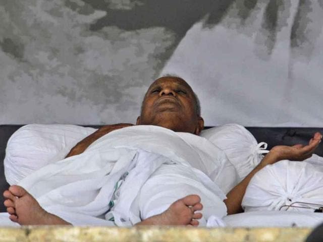 Anna Hazare rests during his hunger strike in New Delhi.