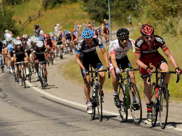 Cadel Evans, right, leads a break while heading up Rabbit Ears Pass just outside of Steamboat Springs, Colo. during the fifth stage of the USA Pro Cycling Challenge.