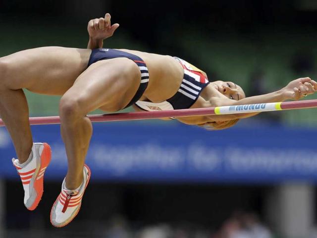 Britain's Jessica Ennis clears the bar in the Heptathlon High Jump at the World Athletics Championships in Daegu, South Korea.