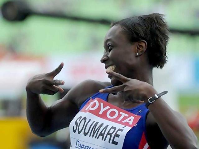 France's Myriam Soumare reacts after competing in the women's 100 metres heats at the International Association of Athletics Federations (IAAF) World Championships.