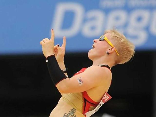 Germany's Martina Strutz reacts after an effort in the women's pole vault qualification round at the IAAF World Championships.
