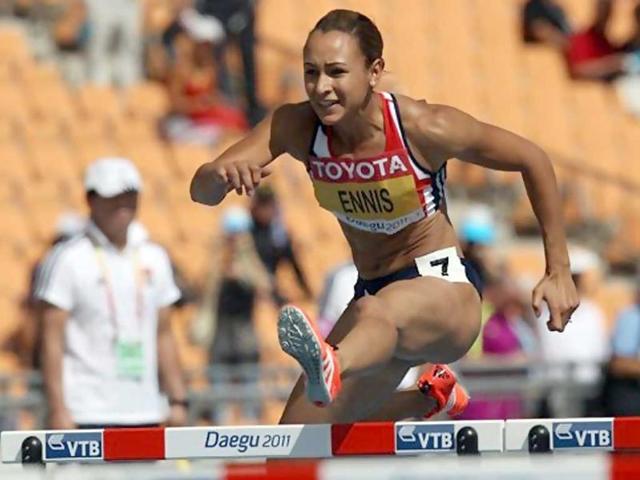 Britain's Jessica Ennis competes in the 100 metres hurdles of the women's heptathlon event at the IAAF World Championships.