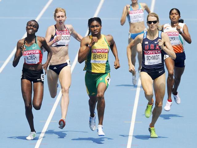 From left, Kenya's Cherono Koech, Britain's Emma Jackson, South Africa's Caster Semenya, USA's Alice Schmidt and India's Tintu Luka compete in a Women's 800m qualification heat at the World Athletics Championships in Daegu.