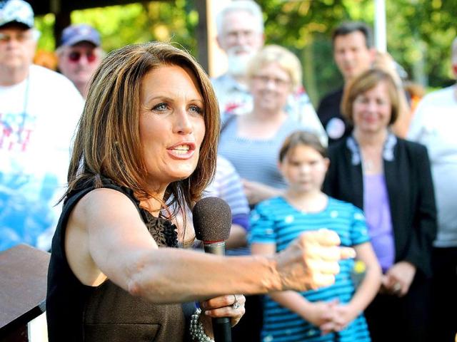 Michele Bachmann speaks at a Tea Party Express Rally at Waterworks Park in Des Moines, Iowa.
