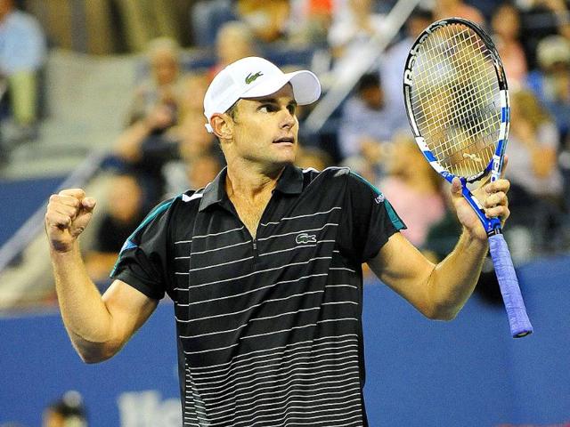 US tennis player Andy Roddick celebrates after winning against US Michael Russell during their Men's US Open 2011 match at the USTA Billie Jean King National Tennis Center in New York.