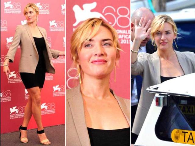 British actor Kate Winslet takes her place for the photocall of Carnage at the 68th Venice Film Festival, following which she boards a motoboat.