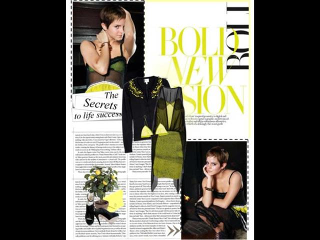 New & neon: Emma's look is lime-fresh in the Proenza Schouler dress and bra, Milly Black cardigan, Prada shoes, Tory Burch bag.