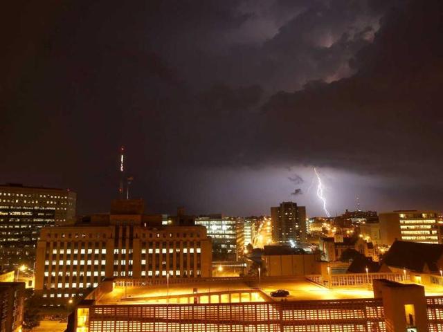 A lightning bolt is seen near downtown Des Moines, Iowa.