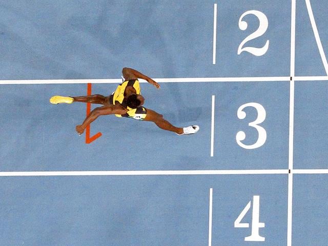 Usain Bolt of Jamaica runs to the finish line to win the men's 200 metres final at the IAAF World Athletics Championships in Daegu.