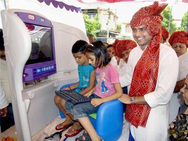 Minister of state for communications and IT Sachin Pilot during the Launch of KidSmart computer scheme in Ajmer