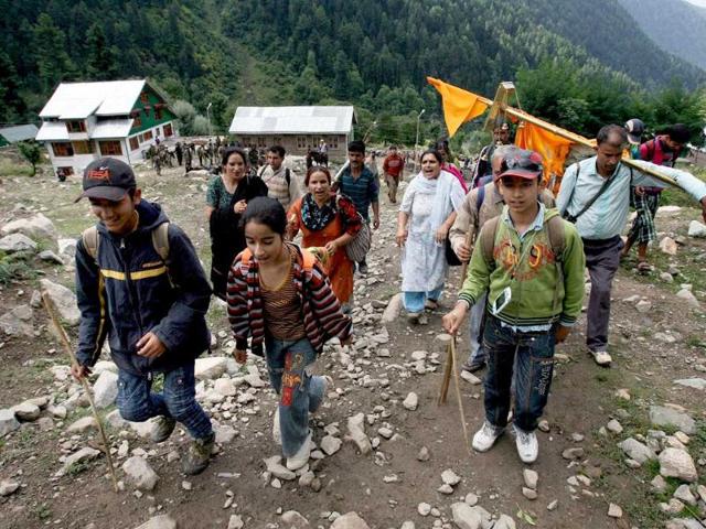 A group of Kashmiri Pandits leave for Gangabal Lake, located in 14350 feet high Harmukh range in Ganderbal district of J & K. Devotees will perform Mahayagya at the lake tomorrow.