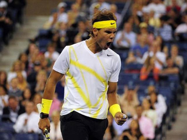 Spain's Rafael Nadal reacts after winning a shot against Kazakhstan's Andrey Golubev during their Men's US Open 2011 match at the USTA Billie Jean King National Tennis Center in New York.