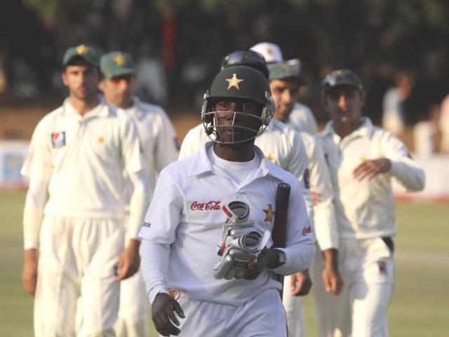 Zimbabwean batsman Tatenda Taibu walks off the pitch at the end of play on the fourth day of the Test match against Pakistan at Queens Sports Club in Bulawayo.