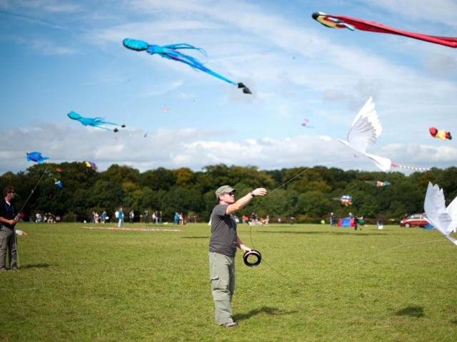 A man flies a kite made up of two doves at the 25th annual Bristol International Kite Festival on the Ashton Court Estate near Bristol.