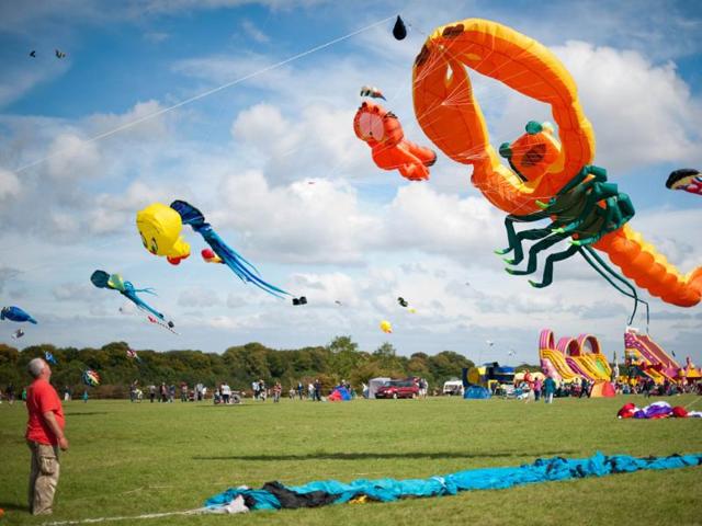 A man looks up at a giant lobster kite at the 25th annual Bristol International Kite Festival on the Ashton Court Estate near Bristol.