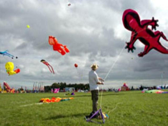 A man holds the anchoring line to a giant gecko kite at the 25th annual Bristol International Kite Festival on the Ashton Court Estate near Bristol.