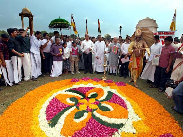 People from Kerala celebrate Onam festival at India Gate in New Delhi.
