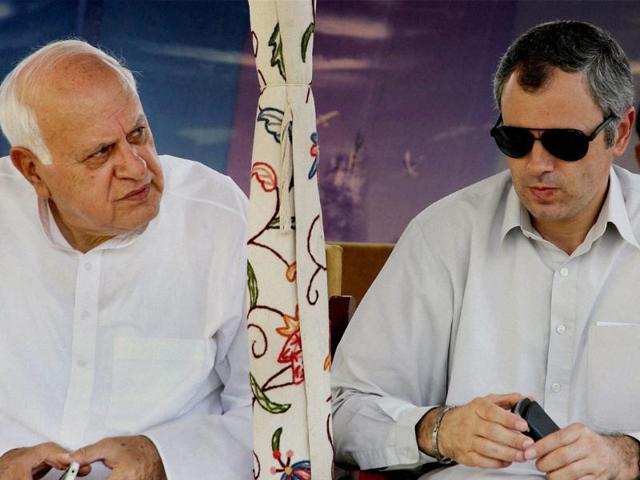 Chief minister of Jammu and Kashmir Omar Abdullah with his father and Union minister for new and renewable energy Farooq Abdullah, after laying the foundation stone of Mega Tourist Circuit, Naagar Nagar, at Kathi Darwaza in downtown Srinagar.