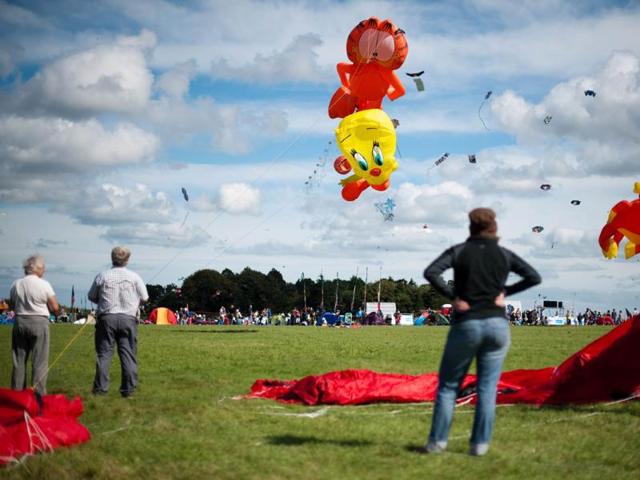 Kites shaped like cartoon characters Tweety and Garfield fly at the 25th annual Bristol International Kite Festival on the Ashton Court Estate near Bristol.