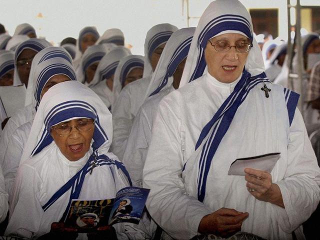 Superior general of the Missionaries of Charity Sister Prema (R) and former superior general Sister Nirmala during the Birth Centenary Eucharistic celebration of Blessed Mother Teresa at St. Xaviers College, in Kolkata.
