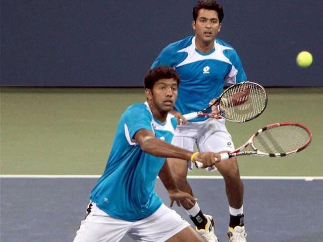 Rohan Bopanna (IND) and Aisam-Ul-Haq Qureshi (PAK) in action in the 3rd round of men's doubles tennis match at US Open 2011 in New York.