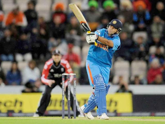 Parthiv Patel hits a six during the second One Day International cricket match against England at the Rose Bowl cricket ground in Southampton, England.