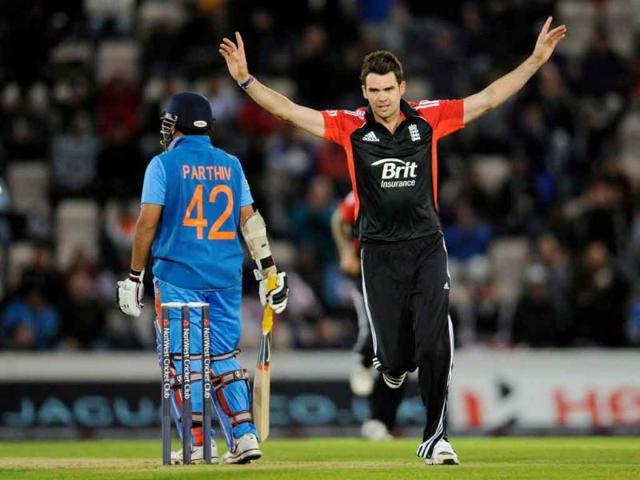 England's James Anderson celebrates after dismissing India's Parthiv Patel during the second One Day International cricket match at the Rose Bowl cricket ground in Southampton, England.