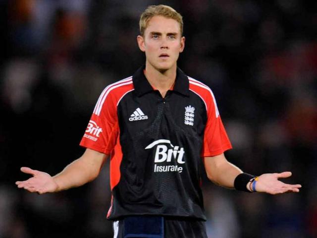 England's Stuart Broad signals during their second One Day International cricket match against India at the Rose Bowl cricket ground in Southampton.