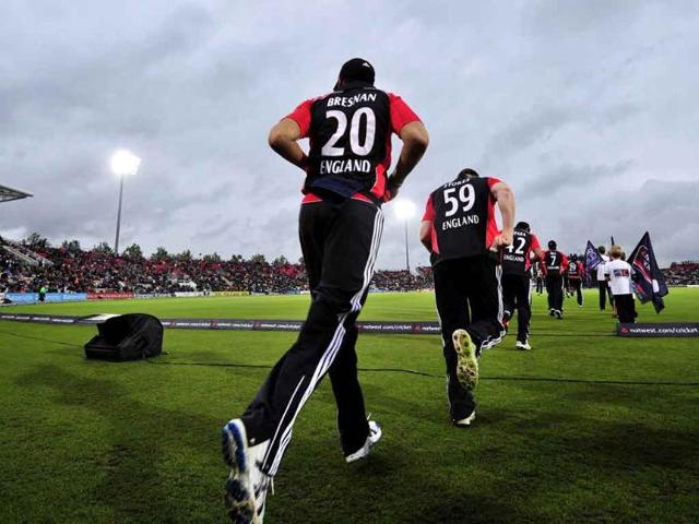England take to the field at the start of the second One Day International cricket match between England and India at The Rose Bowl, Southampton, England.