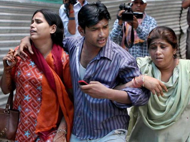 Relatives of victims of the Delhi high court bomb blast at RML Hospital.