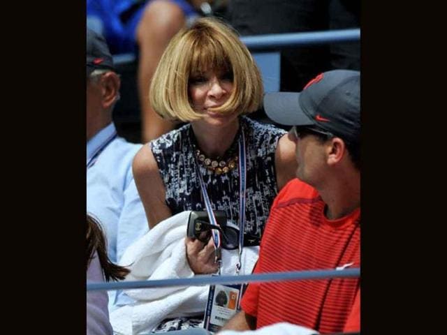 Anna Wintour, editor of US Vogue magazine, sits in the players' box of Roger Federer of Switzerland during his Men's single match against Dudi Sela of Israel at the US Open tennis tournament.