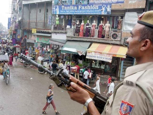 Security posted outside the jewellers shop where a blast took place a few years ago at Pahar Ganj, in New Delhi, after the high court blast .