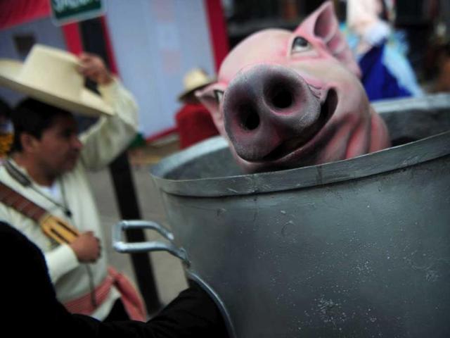 A man performs with a pig mask during the inauguration of the gastronomic fair 'Mistura' in Lima.