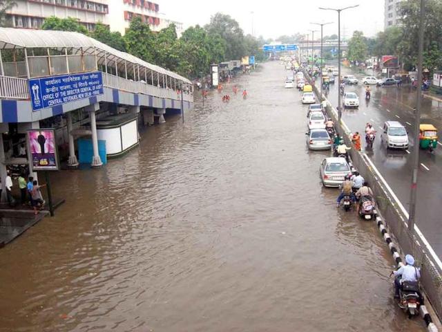 An aerial view of a waterlogged street at ITO during heavy rains in New Delhi.