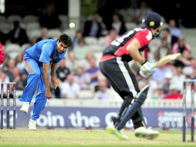 Munaf Patel bowls to England's Craig Kieswetter during the third one day cricket match between England and India at The Oval in London.