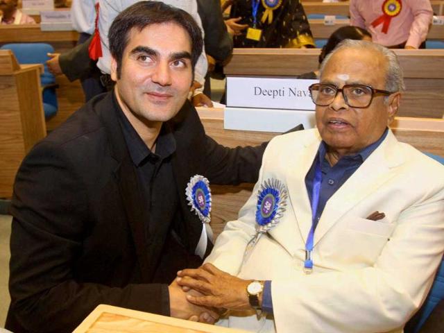 Dadasaheb Phalke Award winner K Balachander with actor Arbaaz Khan during the 58th National Film Awards function. (PTI)