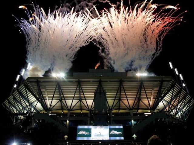 Fireworks are seen over Arthur Ashe stadium prior to the start of the women's semifinal match during a semifinal match of the 2011 US Open at the USTA Billie Jean King National Tennis Center in New York City.