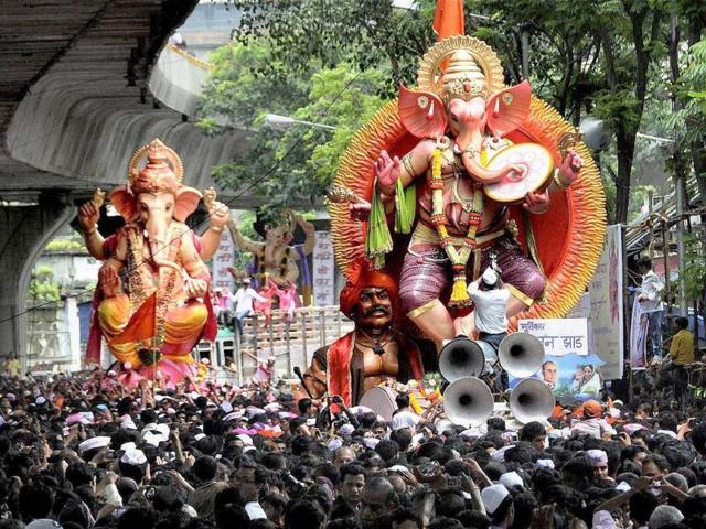 Ganesh idols on the way for immersion at Girgaum Chowpatty at the end of the ten-day long Ganesh festival, in Mumbai.