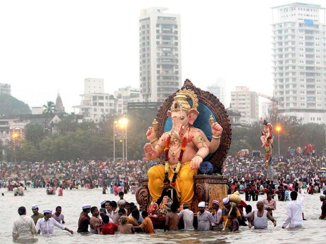 A large idol of Lord Ganesha being taken for immersion off Chowpatty beach on Sunday evening in Mumbai.