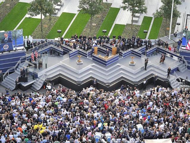 US President Barrack Obama addresses the relatives at the 9/11 memorial in New York.
