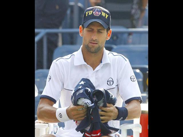 Novak Djokovic of Serbia waits for the start of the men's championship match against Rafael Nadal of Spain at the US Open tennis tournament in New York.