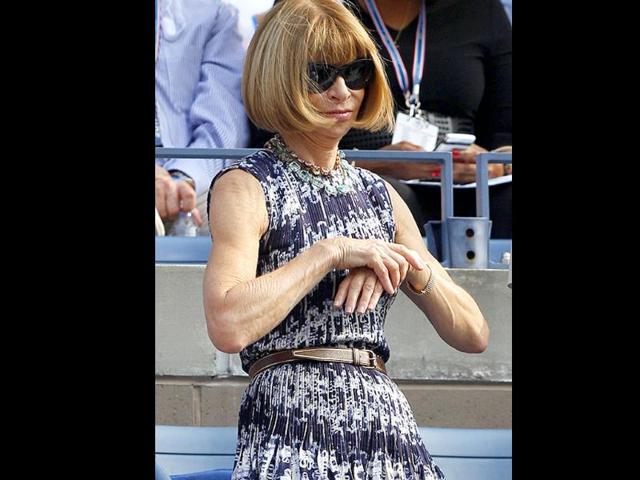 Editor-in-chief of Vogue Anna Wintour looks on during the men's championship match at the US Open tennis tournament in New York.