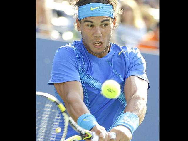 Rafael Nadal plays a shot during the men's championship match at the US Open tennis tournament in New York.